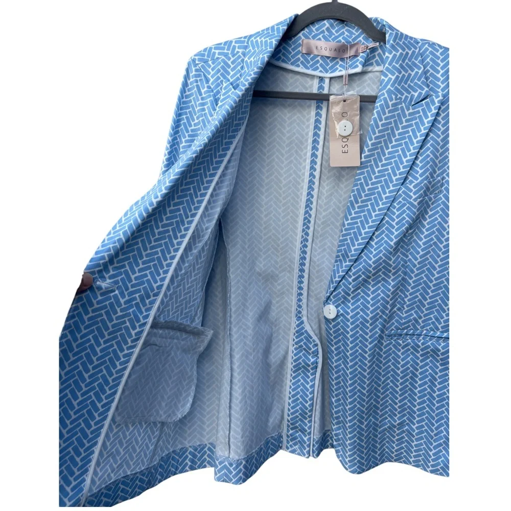 Esqualo Women’s 14 Stretch Block Print Light Blue & White Lightweight Blazer NWT